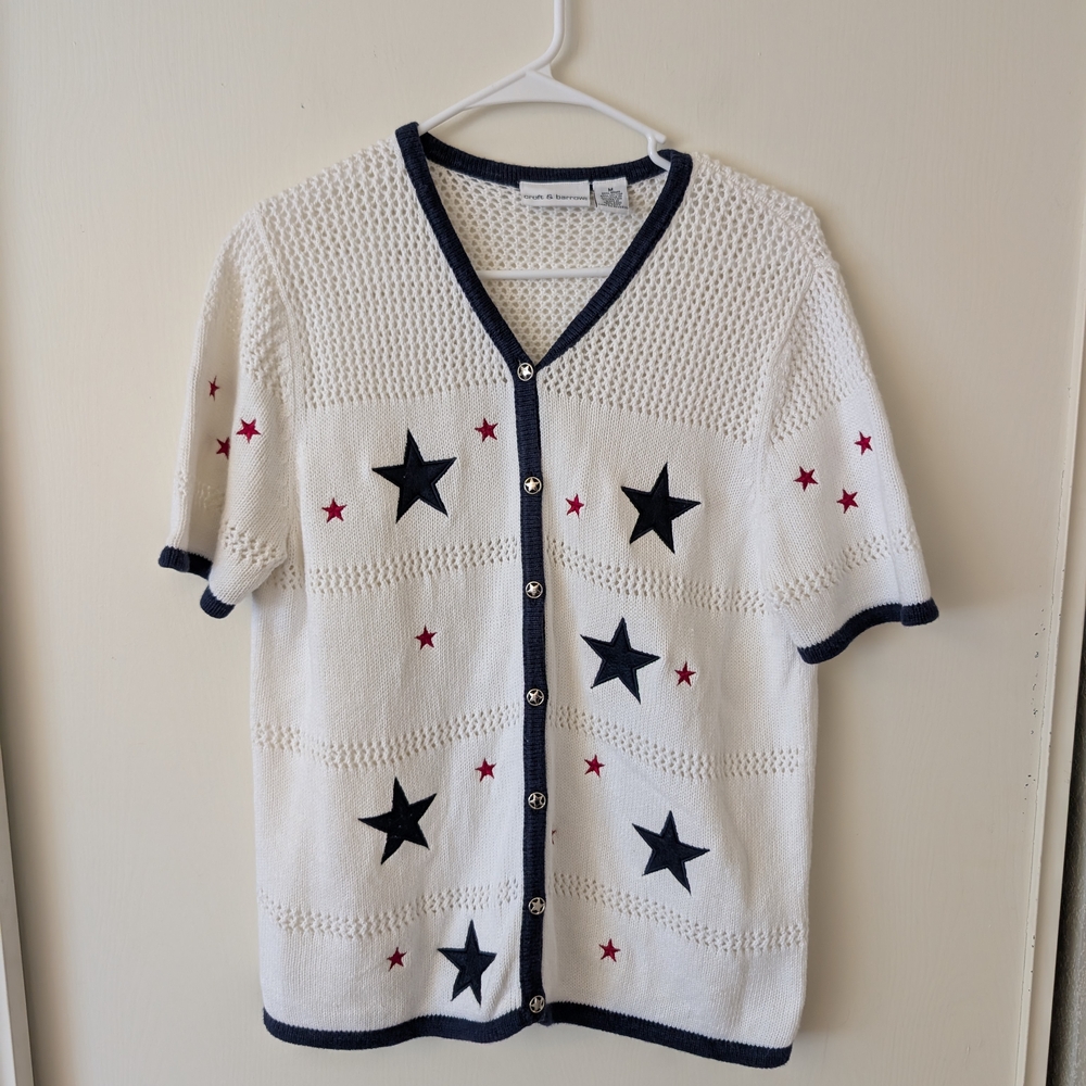 Vintage Croft & Barrow Womens Medium Ramie Cotton Cardigan Sweater White Stars